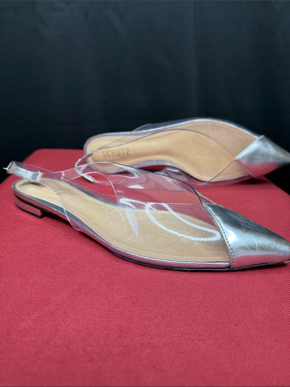 SCHUTZ Silver Pointed Toe Clear Slingback Flats with Nude Insole